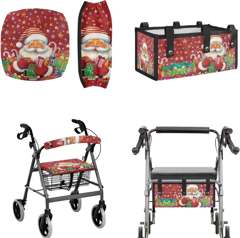 LedBack 3 Piece Set Walker Accessories Santa Claus Walker Seat Cover Soft Rollator Seat and Back Rest Covers Underseat Pouch Tote Christmas Decorations - Image 1